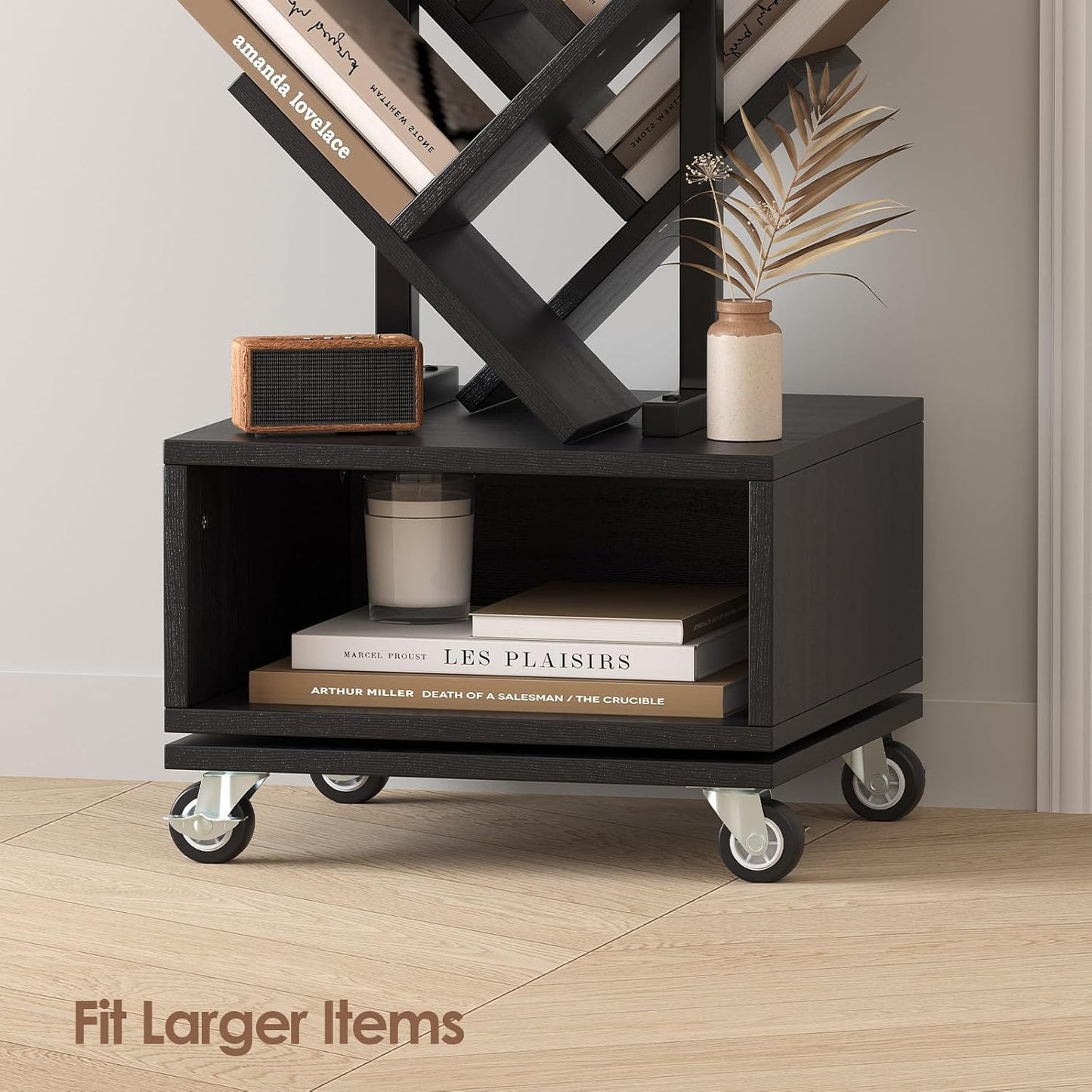 7 Tier Double Sided Rotating Tree Book Shelf, Floor Standing Wood Bookshelf with Adjustable Wheels for Narrow Space, with Storage Cabinet for Books/CDs/Magazine, Black