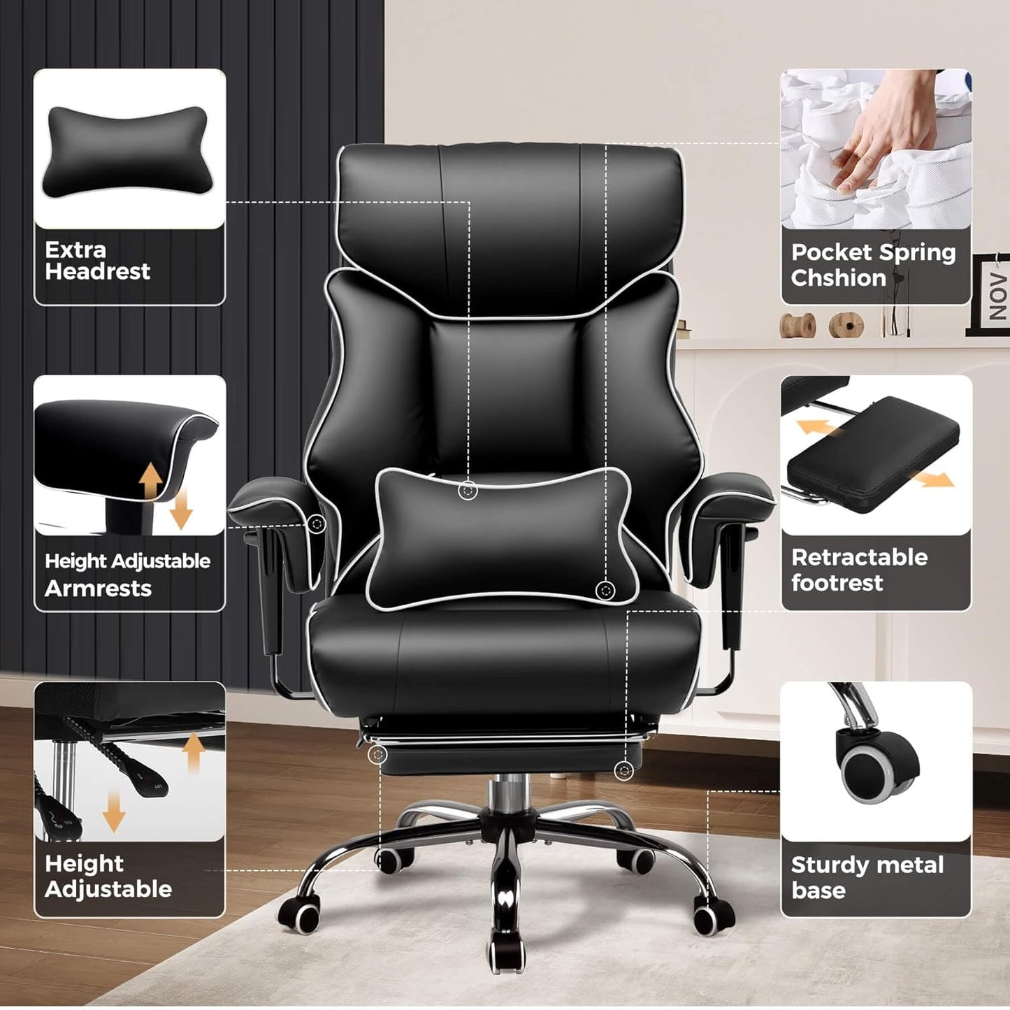 COMHOMA Big and Tall Office Chair 400lbs High Back Gaming Chair with Ergonomic Lumbar Support & Pocket Spring Cushion for Lower Back Pain Relief, Leather Executive Chair with Foot Rest, White/Black