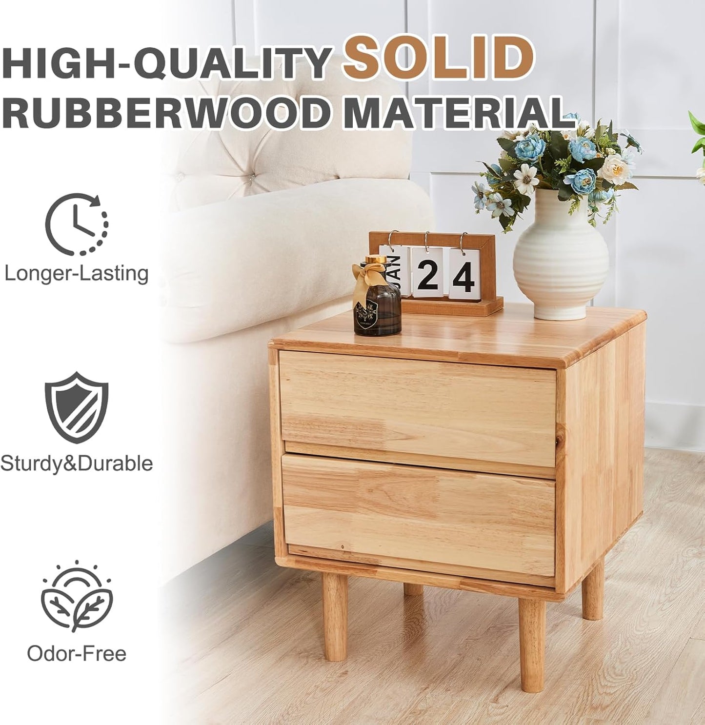 Uniclinens Nightstand with 2 Drawers Storage, 19" Modern Solid Rubberwood Bedside Table for Bedroom, Sofa Side Table End Tables Living Room, Natural