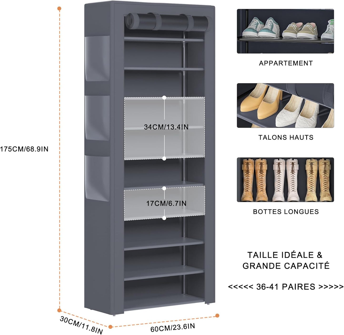 Shoes Rack 10 Tier Tall Shoe Rack with Storage Pockets, Fabric Covered Shoe Racks,Metal Shoes Rack Organizer for Closets,Bedroom, Garage