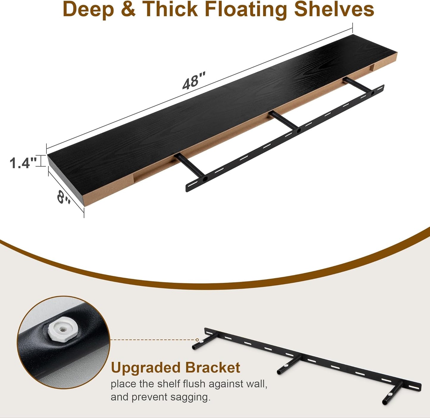 Black Floating Shelves 48 Inch Long, 8 Deep Floating Shelves for Wall, Rustic 48" Long Fireplace Mantel, Large 48 x 8 Wall Shelves for Bedroom, Living Room, Bathroom, Black Deep Shelves Set of 1