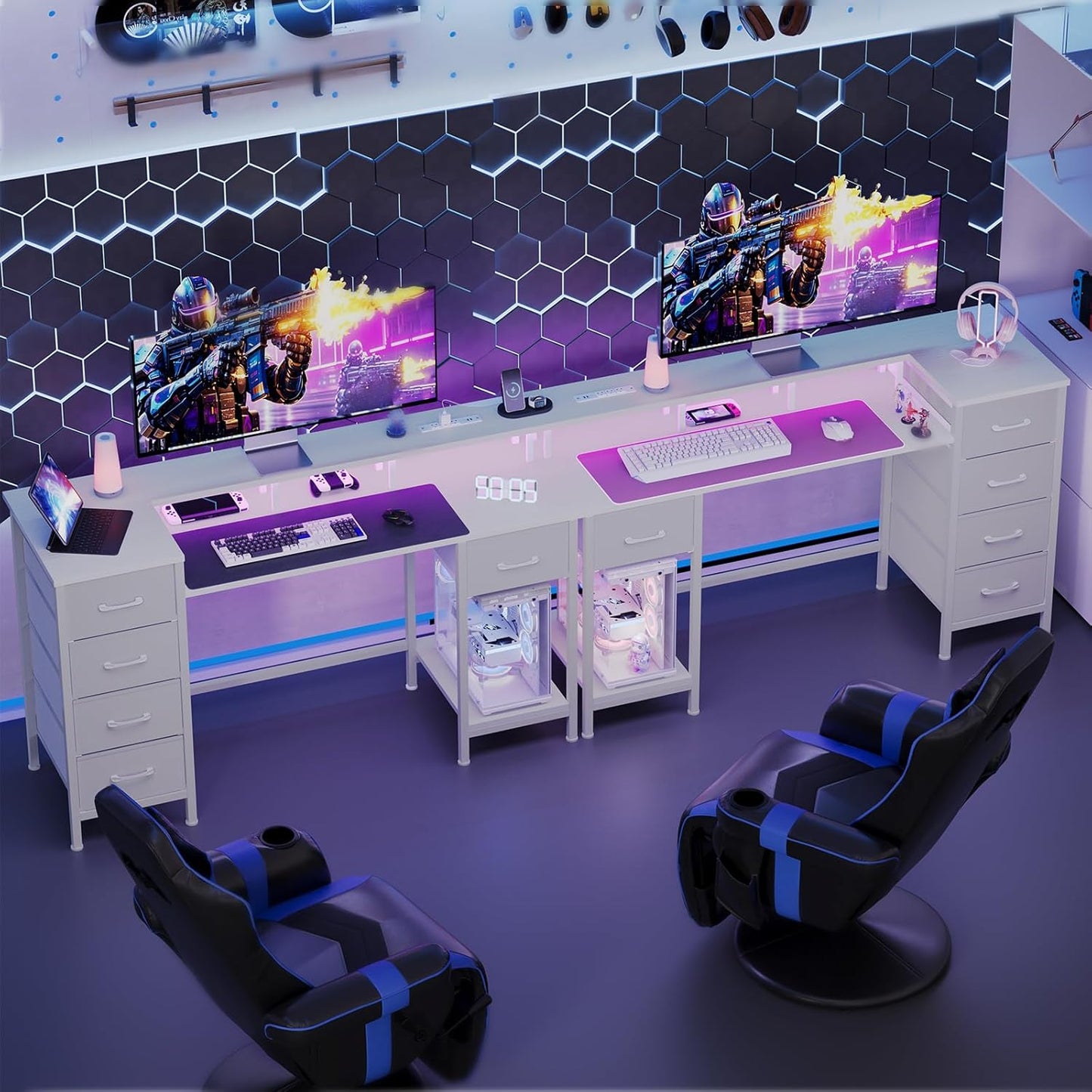 47 Inch Computer Gaming Desk with Power Outlets & LED Lights Reversible Home Office Desk with Adjustable 5 Fabric Storage Drawers for Working Writing Study, White Oak