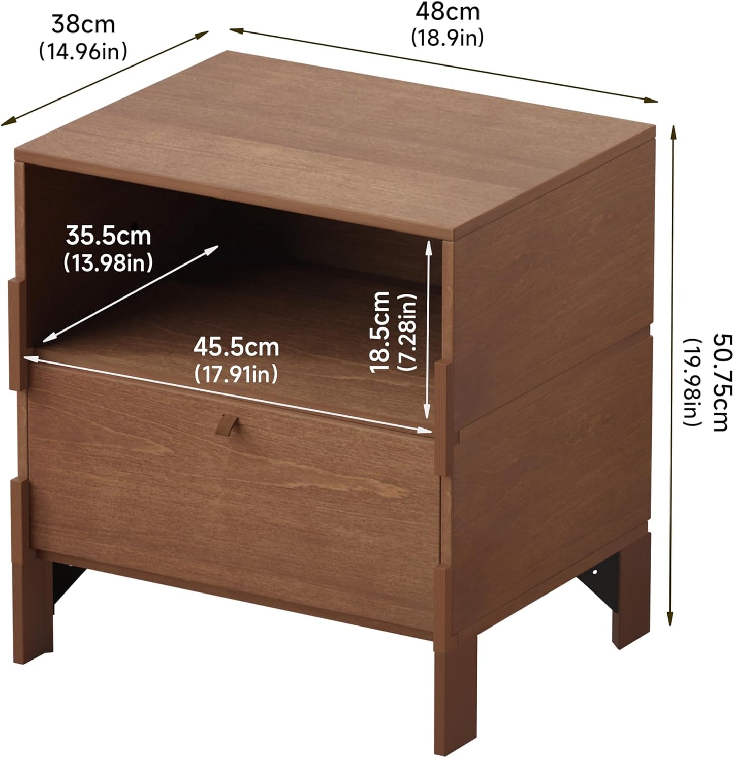 Sebastack Night Stand, Customizable 2 Drawers Bedside Table, End Table, Side Table for Bedroom, Dormitory, Mid-Century Style Wood Chest of Furnitures, Walnut Color