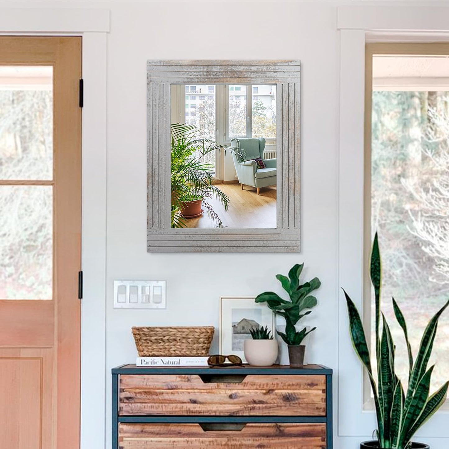 Rustic Mirror Wooden Frame Rectangular Antique Wall Mirror Decor Farmhouse Bedroom Dresser Bedroom Entryway Mirror Large Light Gray 20"x16"