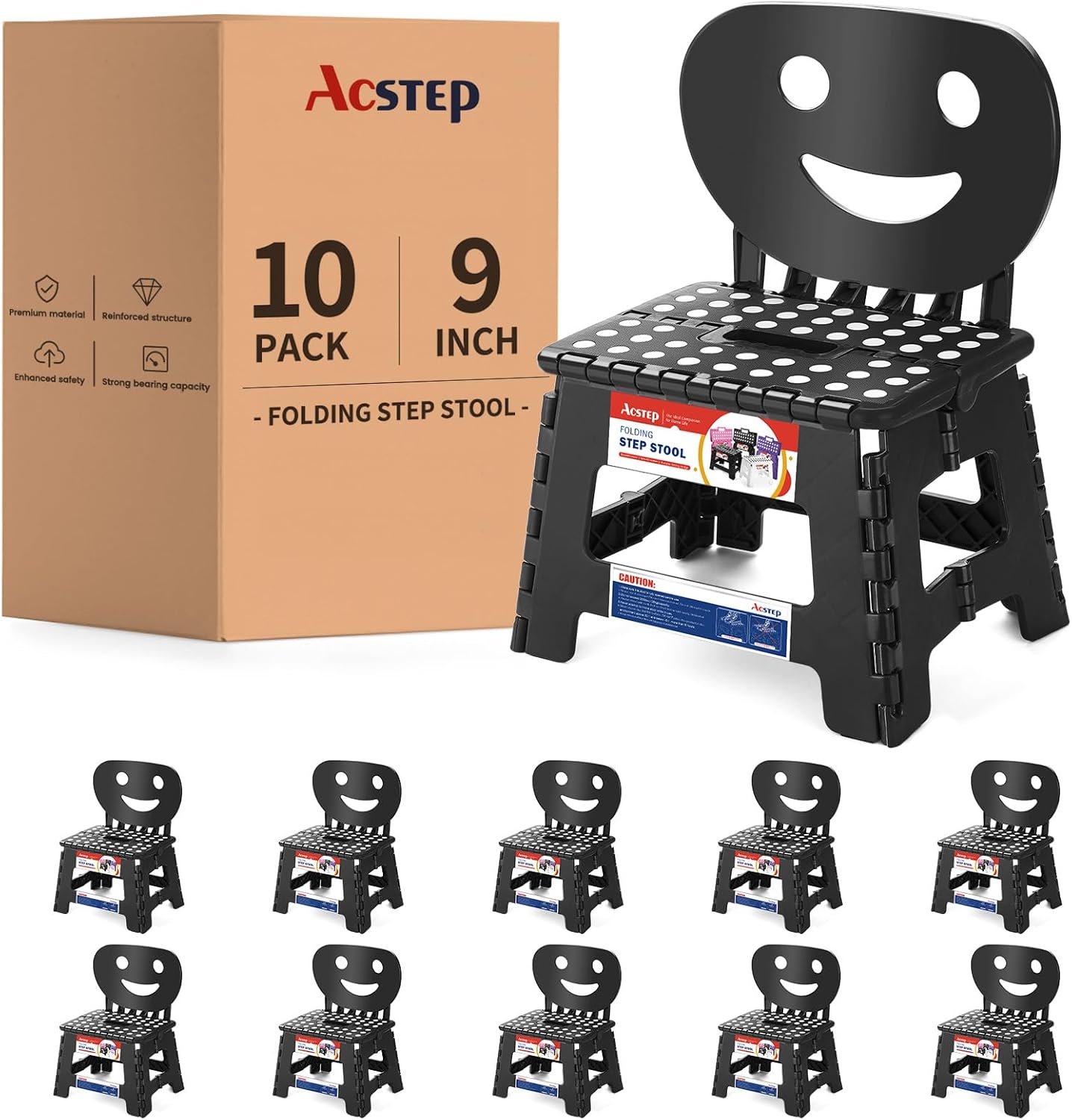 ACSTEP Folding Step Stool with Back Support for Kids,9" Kids Step Stool for Outdoor or Indoor Kitchen Step Stools and Bathroom Stool for Toddlers Boys Girls - Black, 10 Pack