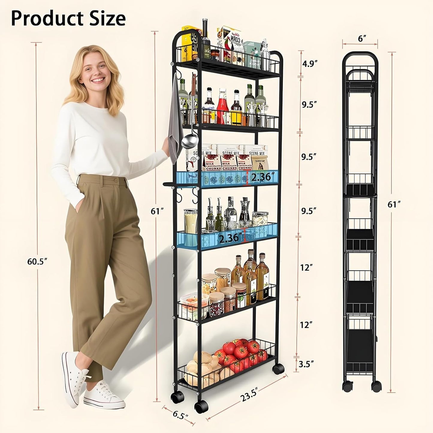 Slim Rolling Cart,6-Tier Storage Cart with Handle, 6in Mobile Shelving Unit with Wheels, Metal Wire Storage Rack with Baskets for Kitchen Bathroom Office Laundry Narrow Piaces
