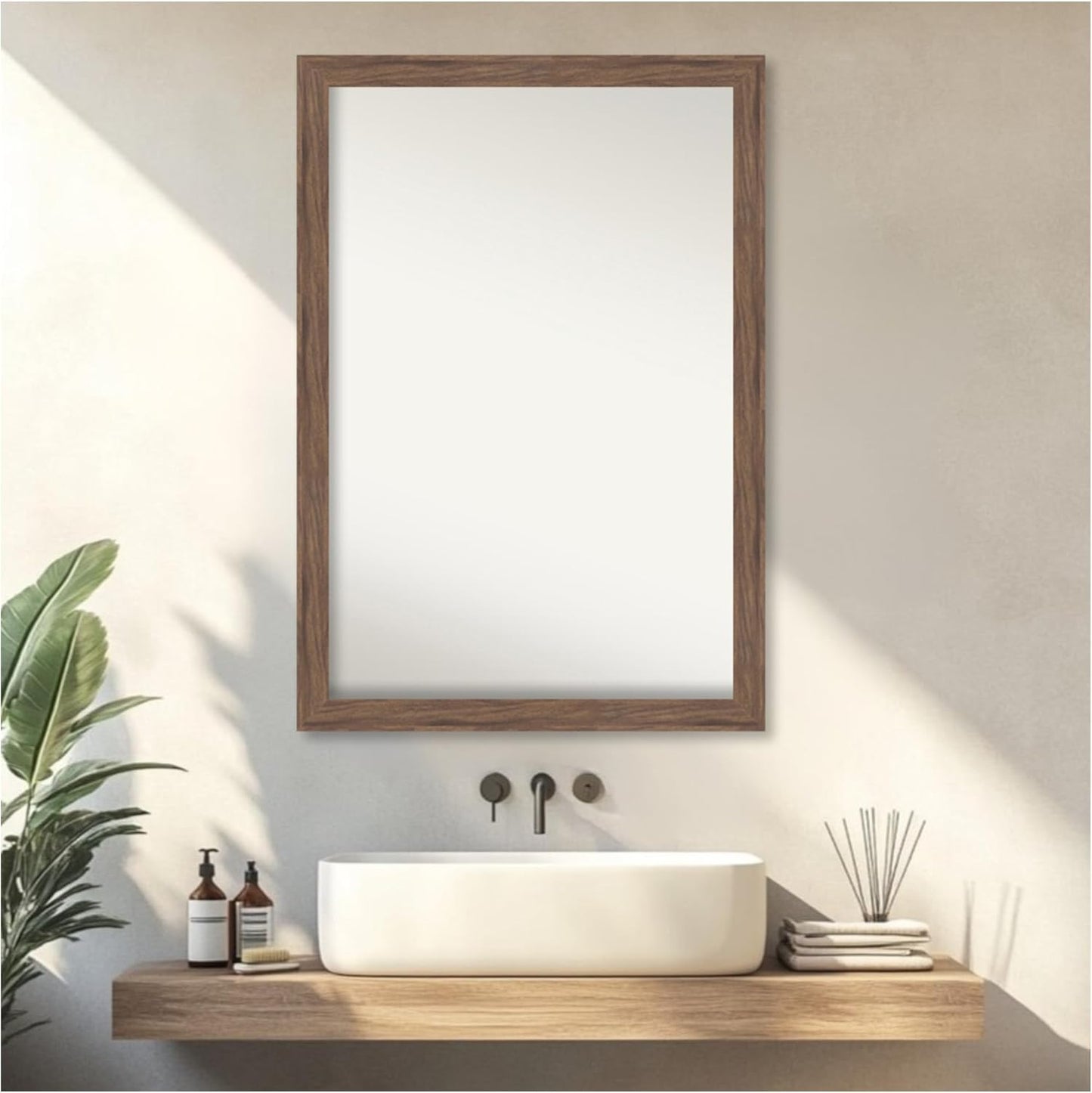 Amanti Art Brown Bathroom Mirror for Over Sink, 27x39 Pia Medium Brown Narrow Rectangle Vanity Mirror, Large Casual Frame, Hangs Horizonally and Vertically, Bathroom Wall Decor, Non-Beveled Edge