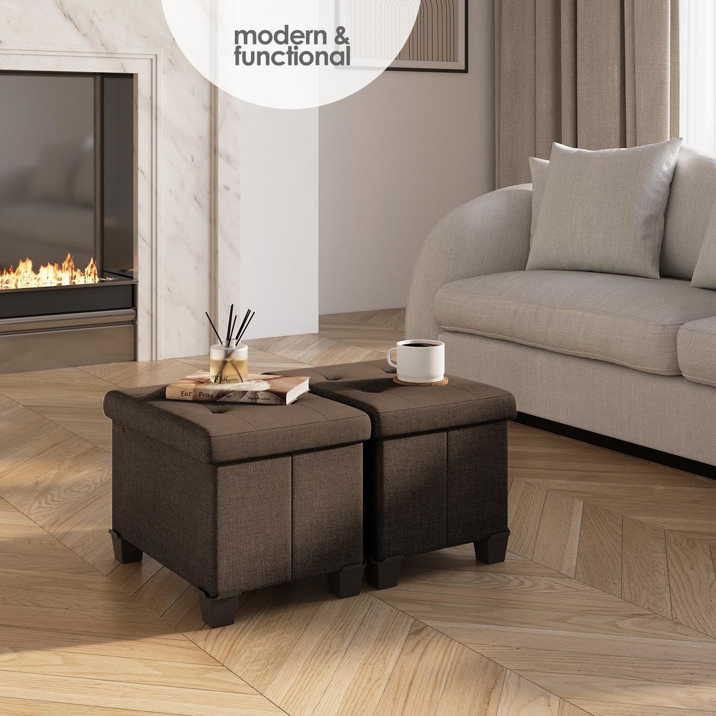 STORAGEBUD Storage Ottoman Cube with Small Bin, 16-in Square Ottoman with Storage for Living Room and Bedroom, Small Ottomans Foot Rest, Fabric Foot Stools Ottomans Max 330lbs, Brown