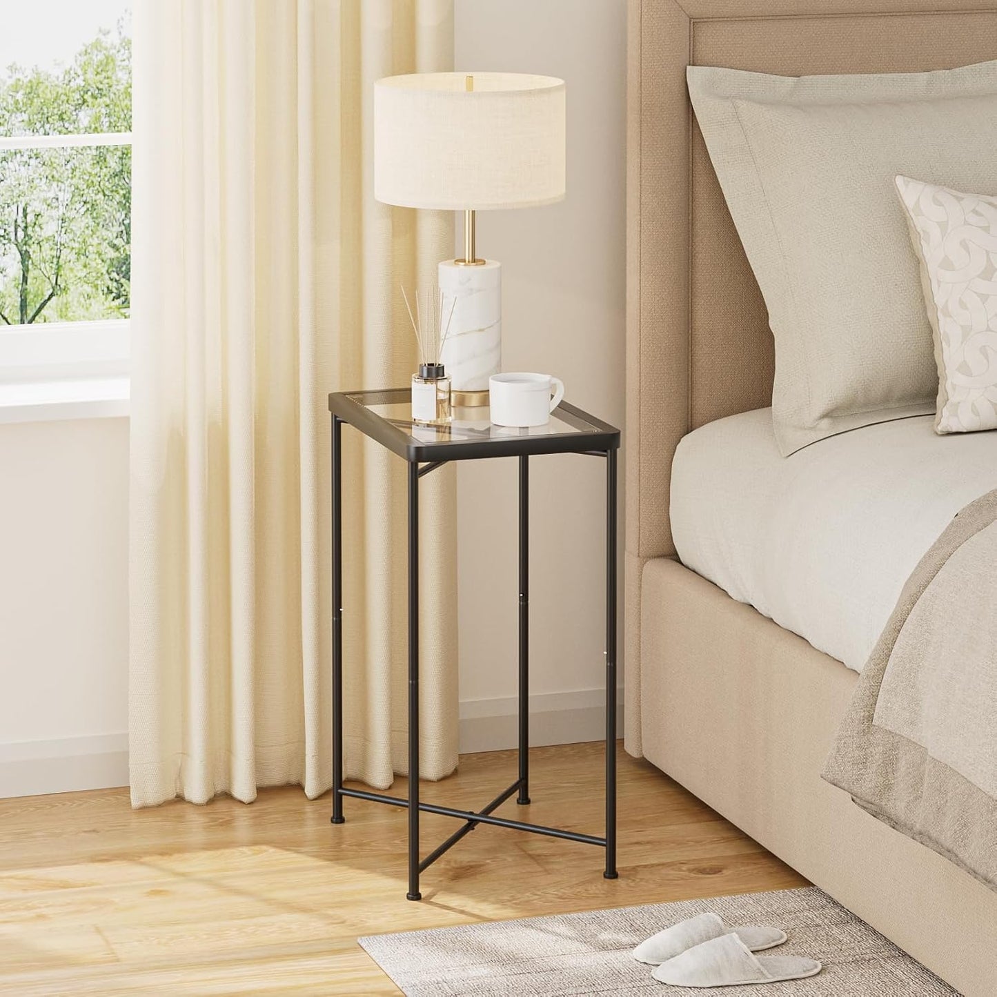 Garden 4 you Small Side Table, Glass End Table, Outdoor Side Table with Metal Frame, Mini Bedside Table for Living Room, Bedroom, Patio, Small Space, Black