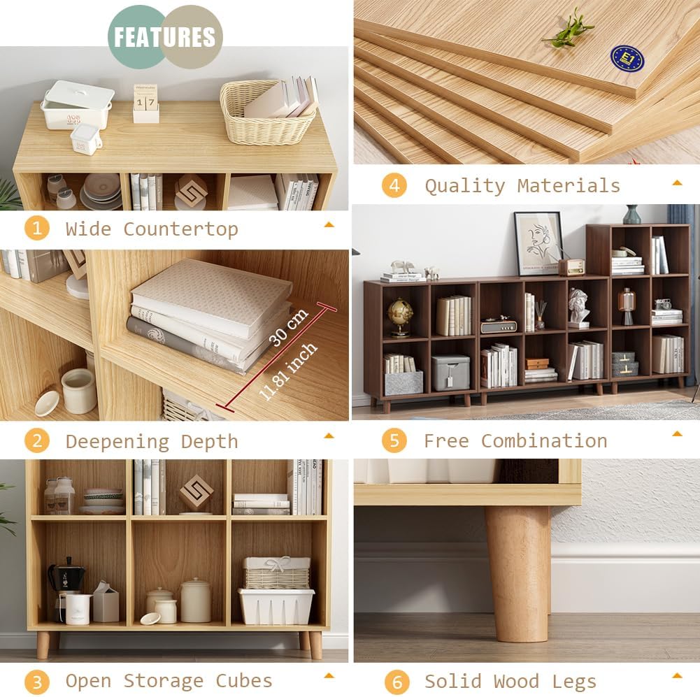 IOTXY Open Cube Low Bookcase - 3-Tier Freestanding Storage Display Cabinet Organizer with Legs for Home Office, 7-Cubes Open Shelf Short Bookshelf, Walnut