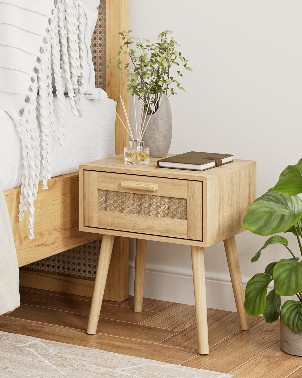 Rattan Nightstand, Small Night Stand, Side Table with Drawer Open Shelf, Cane Accent Bedside End Table with Wood Legs, Bohemian Wood Nightstand for Bedroom, Oak (Bohemian)