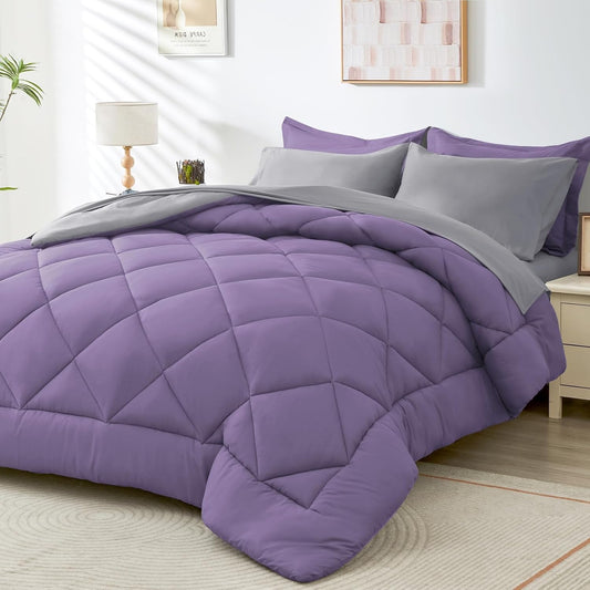 HEVUMYI Twin Comforter Set - 5-Piece All Season Bed in a Bag Twin, Ultra Soft Bedding Set with Comforter, Flat Sheet, Fitted Sheet, Pillowcases, Pillow Shams, Purple & Light Grey