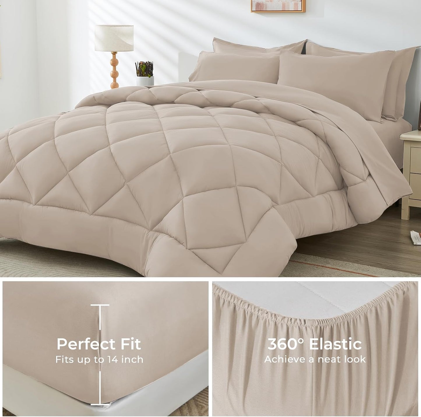 HEVUMYI Khaki Twin-XL Comforter Set - 5-Piece All Season Bed in a Bag Twin-XL, Ultra Soft Bedding Set with Comforter, Flat Sheet, Fitted Sheet, Pillowcases, Pillow Shams