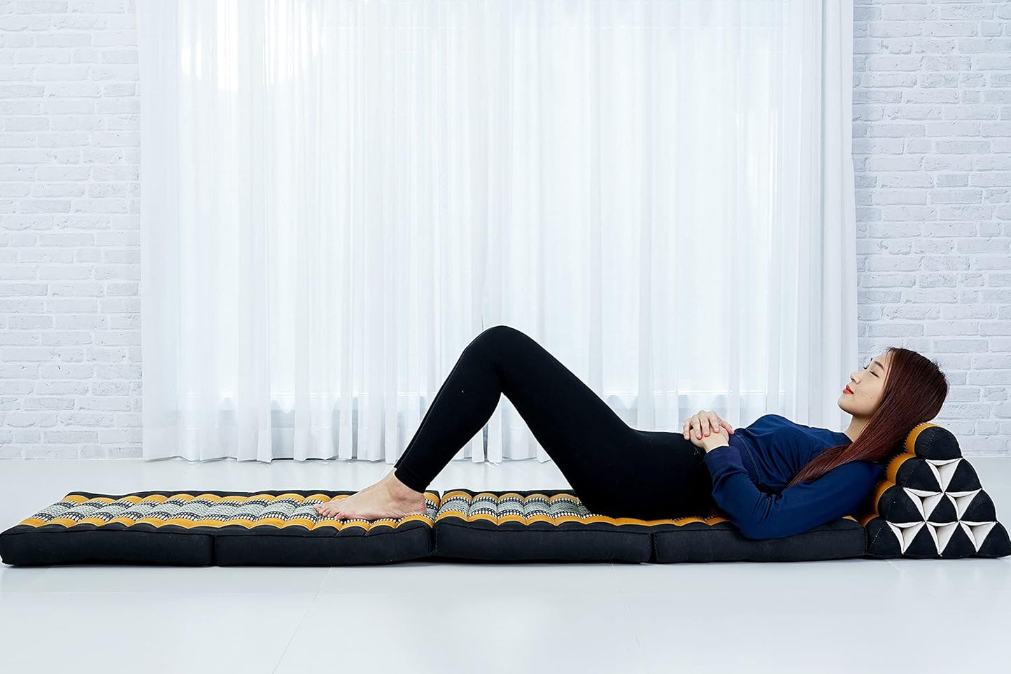 Leewadee Comfortable Japanese Floor Mattress - Thai Floor Bed with Triangle Cushion - Futon Mattress - XL Extra Long Thai Massage Mat, 89 x 20 inches, Black Orange, Kapok Filling