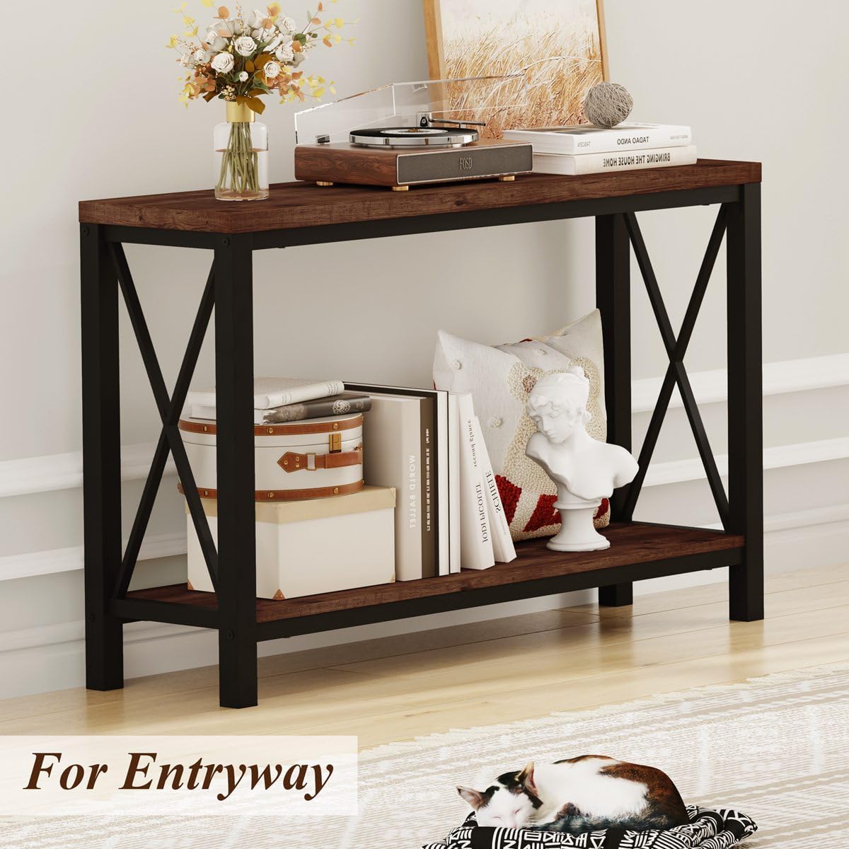 BON AUGURE 2 Tier Console Table for Entryway, Metal Wood Sofa Table Behind Couch for Living Room, Industrial Entry Tables for Hallway, Foyer, Front Door, Entrance (Rustic Oak, 47 Inch)