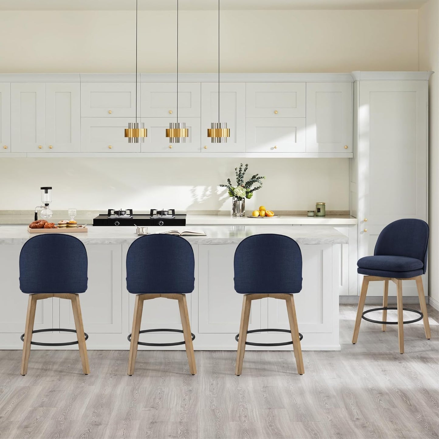 Counter Height Barstools 26 inch Upholstered Swivel Bar Stools with Back and Wood Legs for Kitchen Island,Set of 4,Blue Fabric-Armless