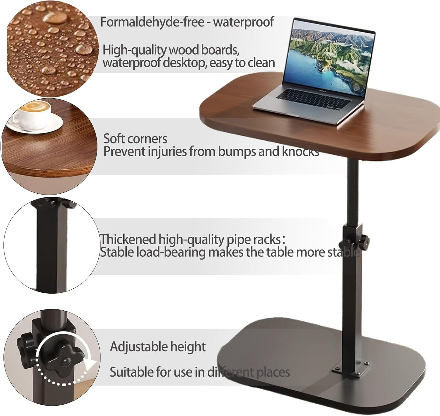 Pedestal C-Shaped Adjustable Small End Tables for Small Spaces Side Table，Desktop can Turn 360° and The Height of The Sofa Side Table can be Adjusted（Walnut Desktop + Black Bottom）