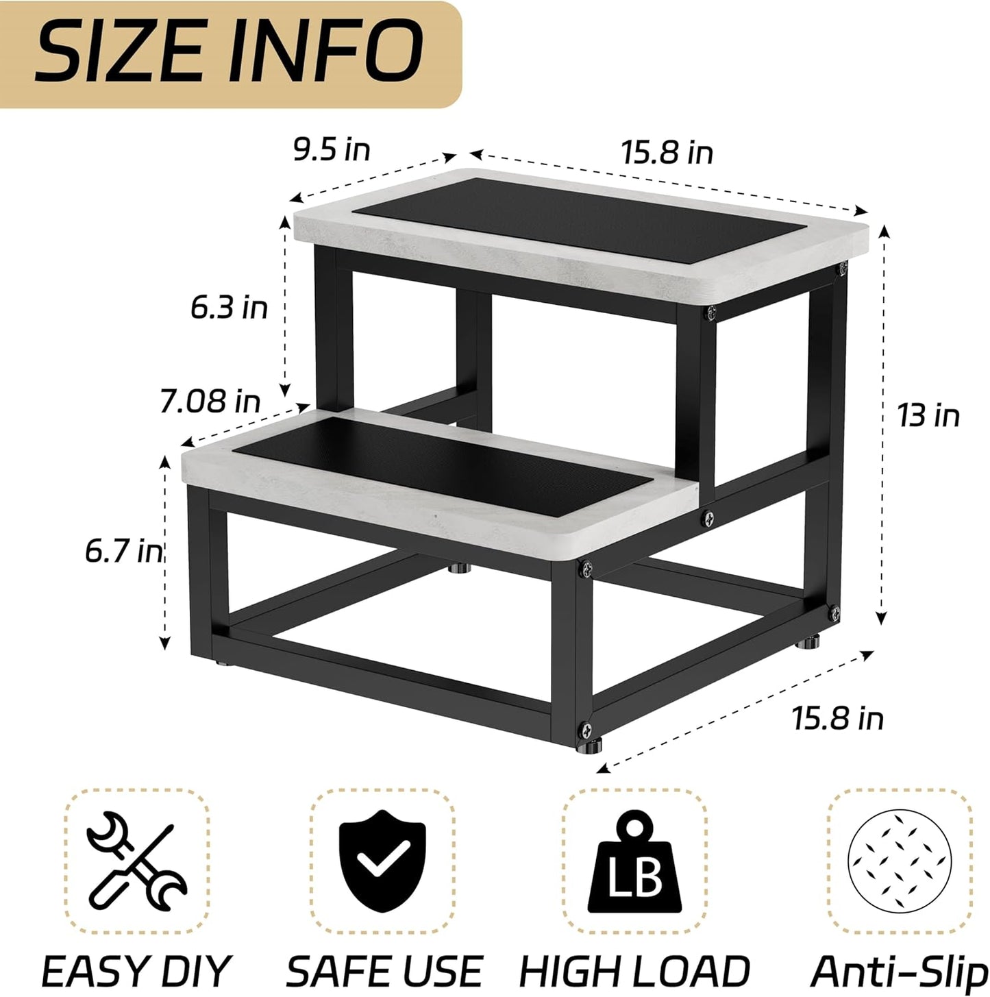 Step Stools, Heavy Duty Stepping Stool for Kids Adults, Non-Slip Metal and Wooden 2 Steps Foot Stool for High Beds and Kitchen, Round Corner, 500 Lbs Capacity, Cement Gray