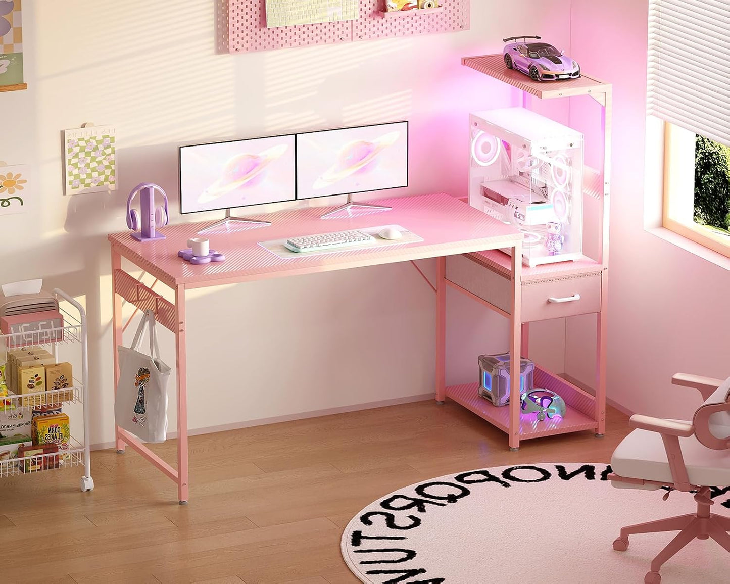 Casaottima 54 Inch Gaming Desk with Storage & LED Lights, Reversible Computer Desk with Display Shelves & Fabric Drawer, Modern Gamer Desk Table with Side Headphone Hook, Carbon Fiber Pink