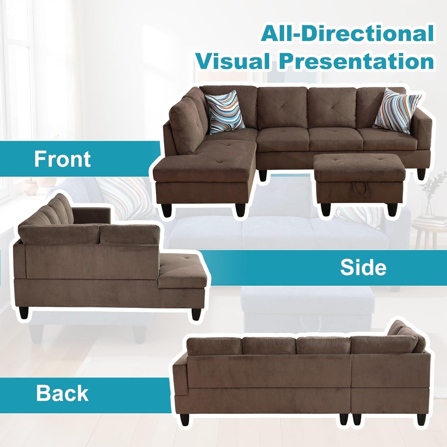 L Shaped Couch Modern Sectional Couch Upholstered Sackcloth Fabric 3 Pieces Sofas for Living Room with Chaise, Storage Ottoman for Office and Small Apartment, Brown