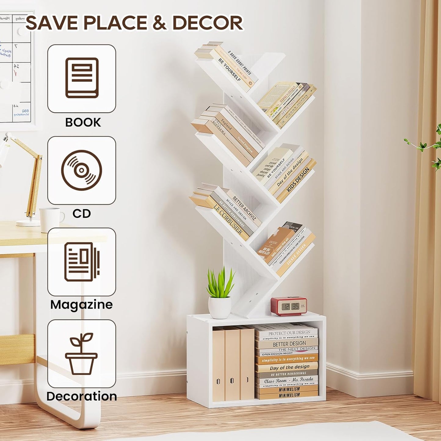 6 Tier Tree Bookshelf, Sturdy Retro Floor Standing Wood Bookcase, Storage Rack for Home Office, Living Room, Bedroom, Reading Spot, Heavy Book Organizer Shelves for CDs/DVDs/Movies, White