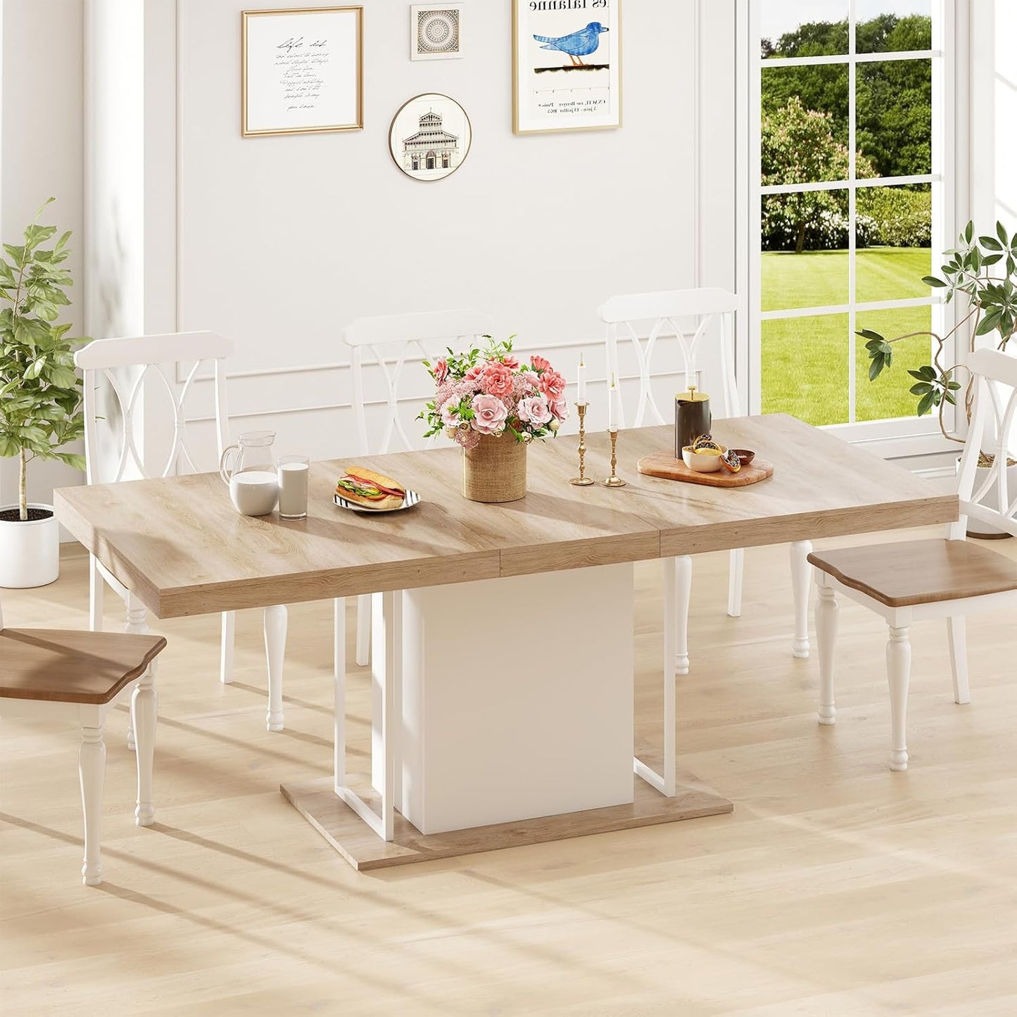 63"-78.7" Expandable Dining Table, 6-10 Farmhouse Kitchen Table, Extendable Dining Room Tables, Rectangular Table with Metal Track, Stable Central Column Base for Living Room, Home-Oak