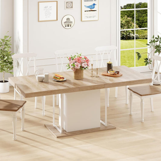 63"-78.7" Expandable Dining Table, 6-10 Farmhouse Kitchen Table, Extendable Dining Room Tables, Rectangular Table with Metal Track, Stable Central Column Base for Living Room, Home-Oak