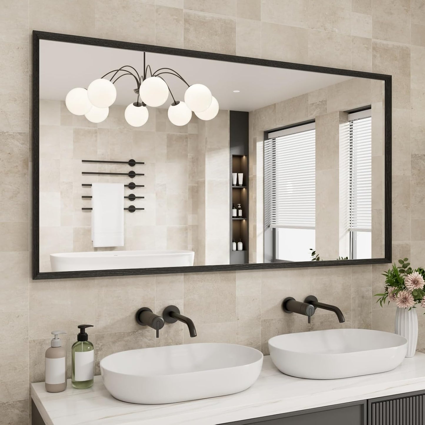 Rectangle Bathroom Mirror 55x30 Inch, Matte Black Framed, 4MM Tempered Glass, Anti-Rust, Wall-Mount Vanity Mirror for Bathroom & Bedroom, Hangs Horizontally or Vertically