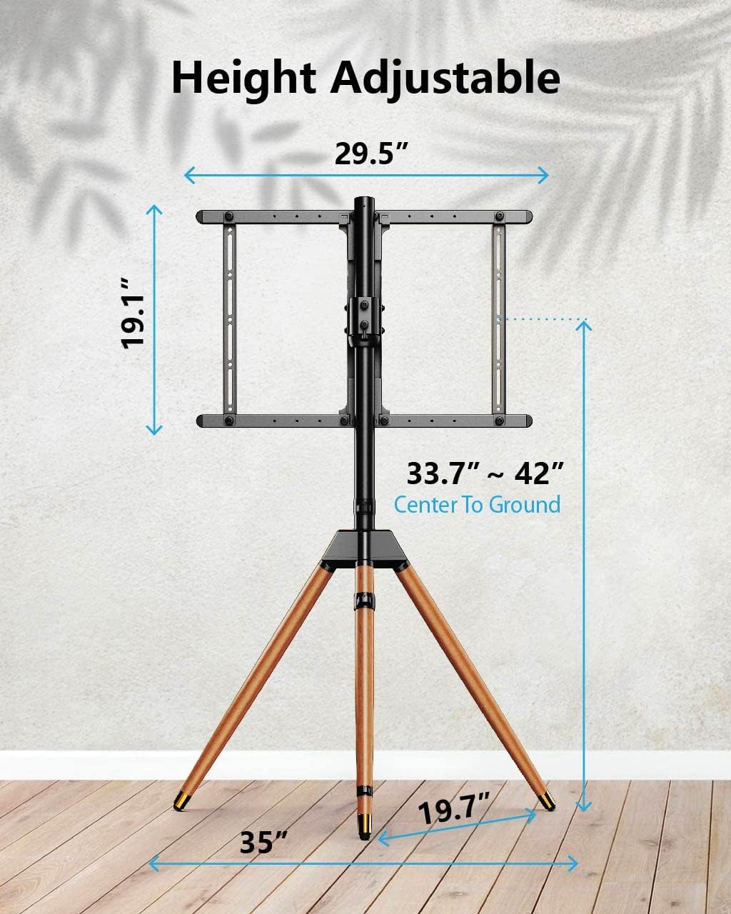 Tripod TV Stand for 32-75 Inch Screen up to 77lbs, Height Adjustable Easel TV Floor Stand with Wood Legs and Cable Ties