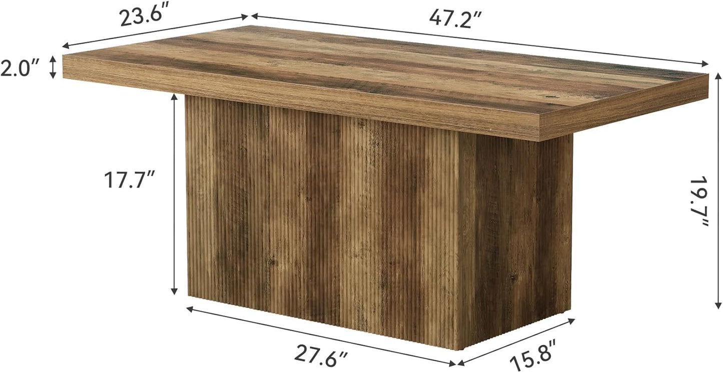 47-Inch Large Coffee Table with Pedestal, Living Room Center Table Rectangle Thickened Tabletop, Farmhouse Low Cocktail Tea Furniture for Living Room, Apartments, Rustic Brown