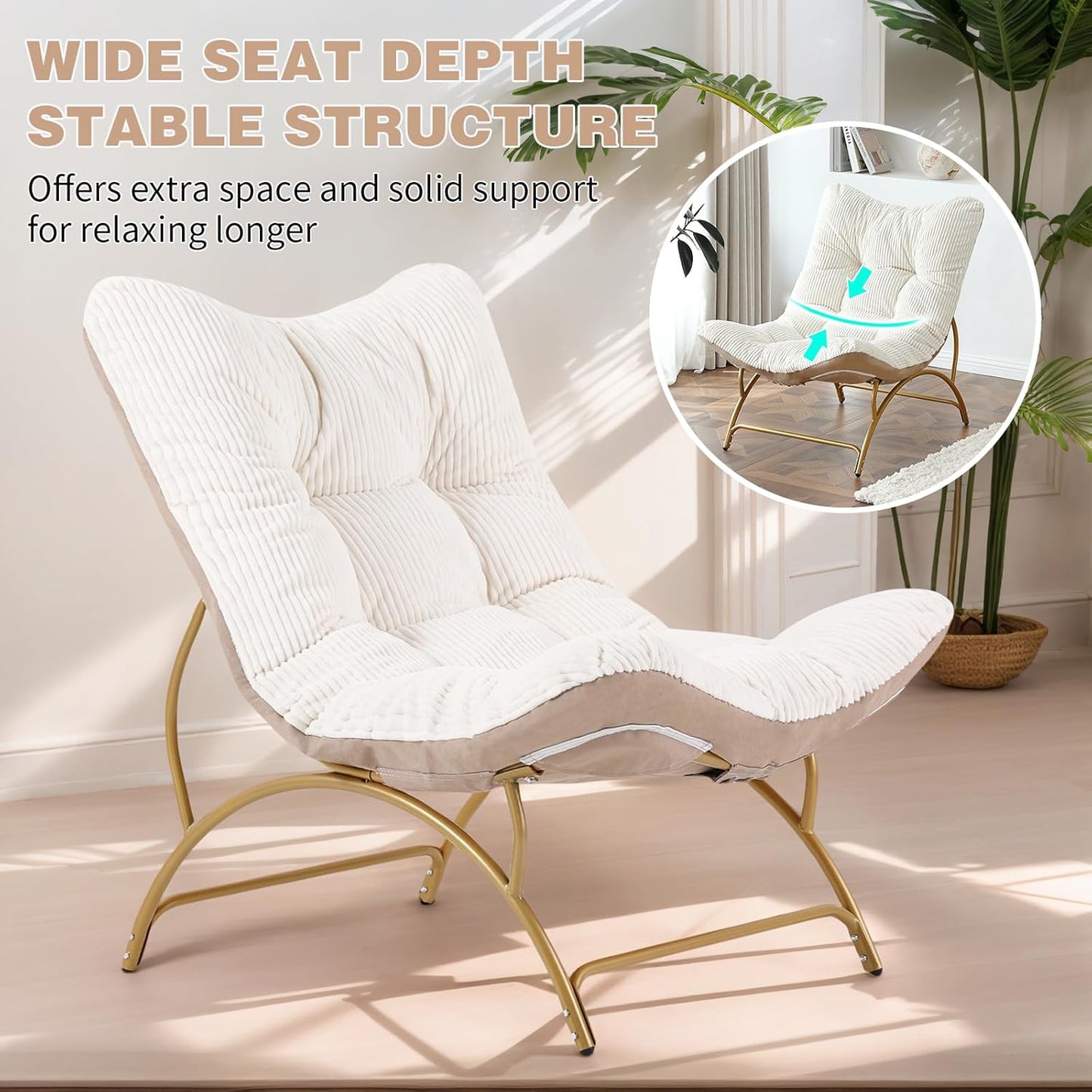 Welnow Accent Lounge Lazy Chair, Comfy Soft Leisure Metal Frame Reading Chair, Upholstered Thick Cushion Seated Recliner Sofa for Living Room, Bedroom, Dorm, Beige