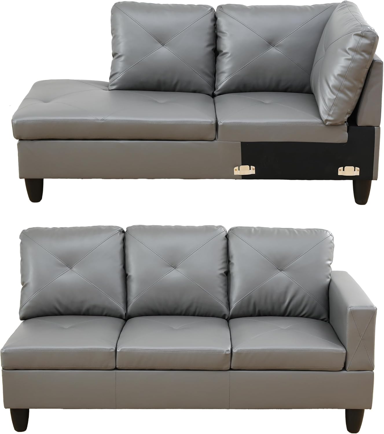 L Shaped Sectional Sofa with Ottoman, Leather Right Facing Modern Couches for Living Room, Bedroom, Office