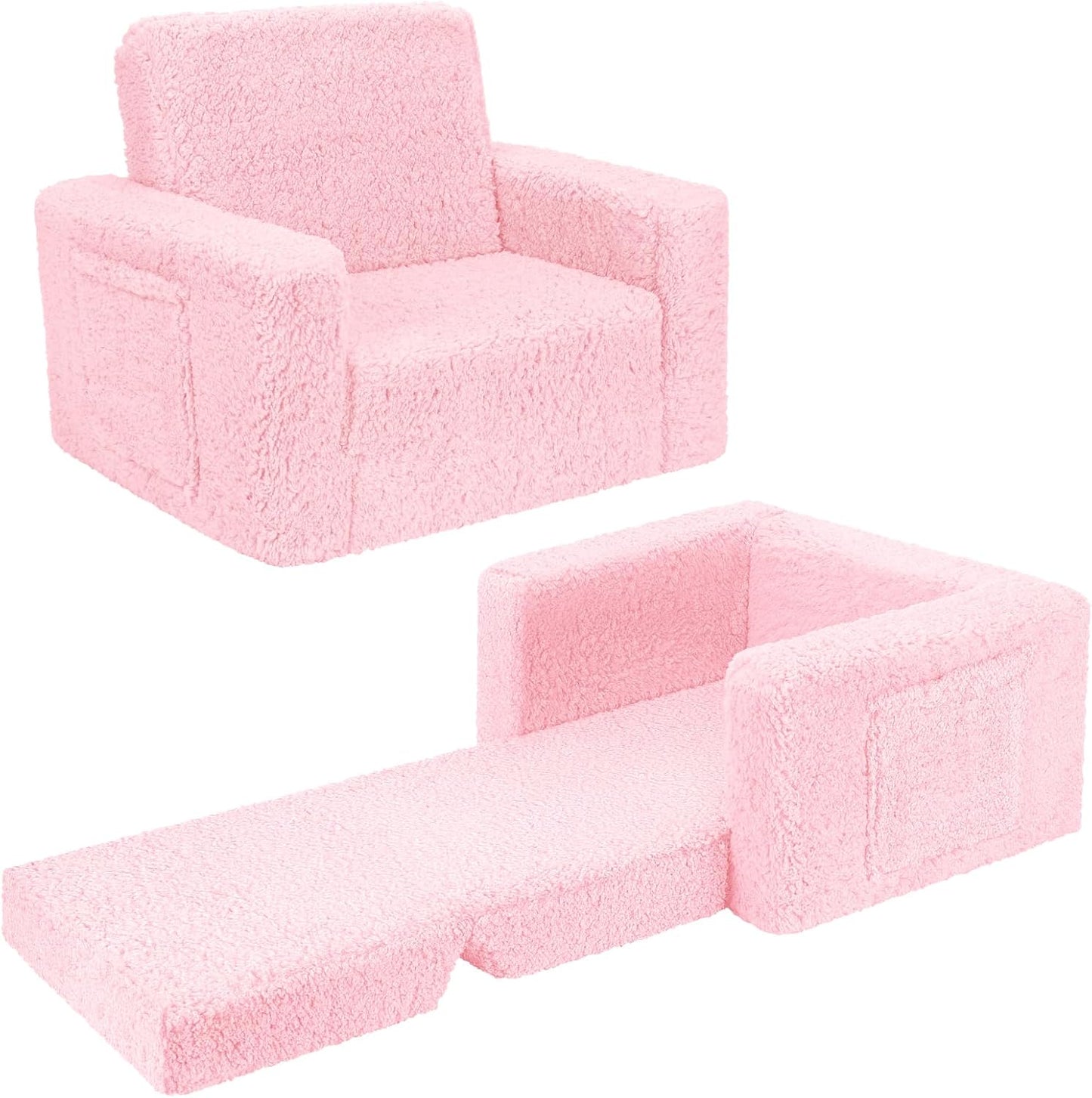 SLIGUY Toddler Couch Convertible Sofa to Lounger Pull Out Couch Sherpa Cover Dark Pink