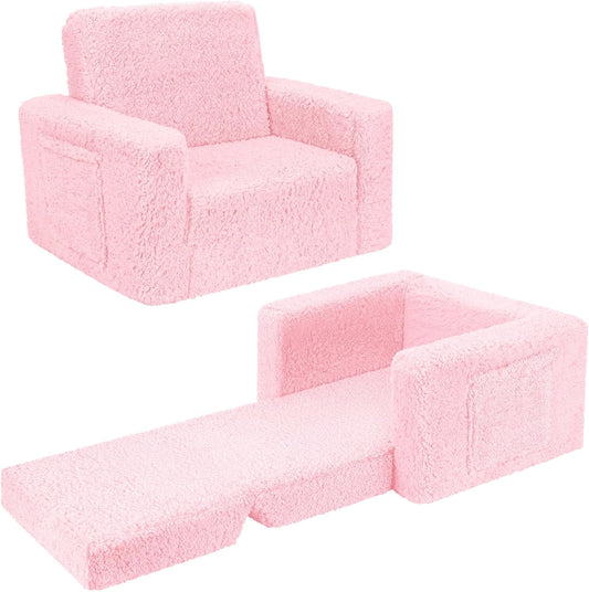 SLIGUY Toddler Couch Convertible Sofa to Lounger Pull Out Couch Sherpa Cover Dark Pink