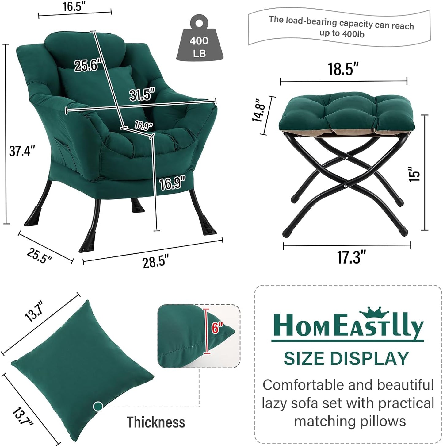 Lazy Chair with Ottoman, Modern Lounge Armchair with a Pillow, Leisure Sofa Armchair Set, Reading Chair with Footrest for Living Room, Bedroom, Office, Dorm Room, Peach Green