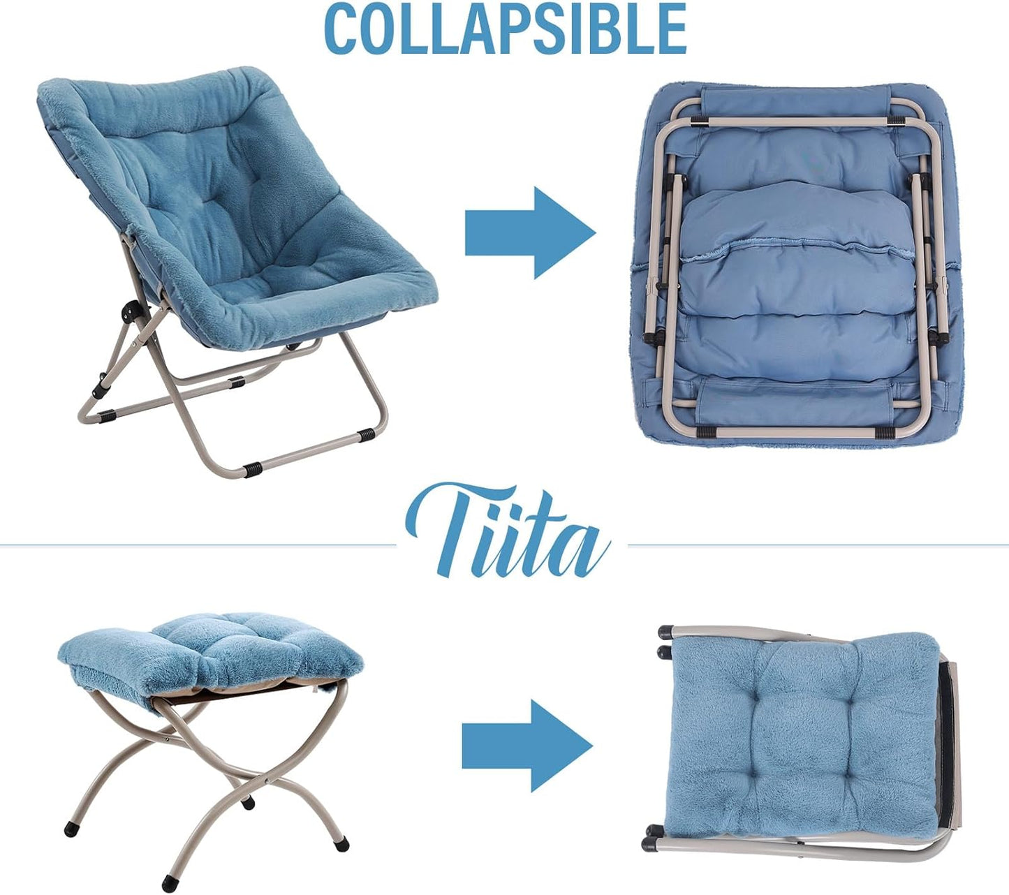 Tiita Folded Chair with Ottoman, Soft Faux Fur Oversized Folding Accent Chair,Lounge Lazy Chair, Metal Frame Moon Chair for Bedroom, Living Room, Dorm Rooms, Garden and Courtyard