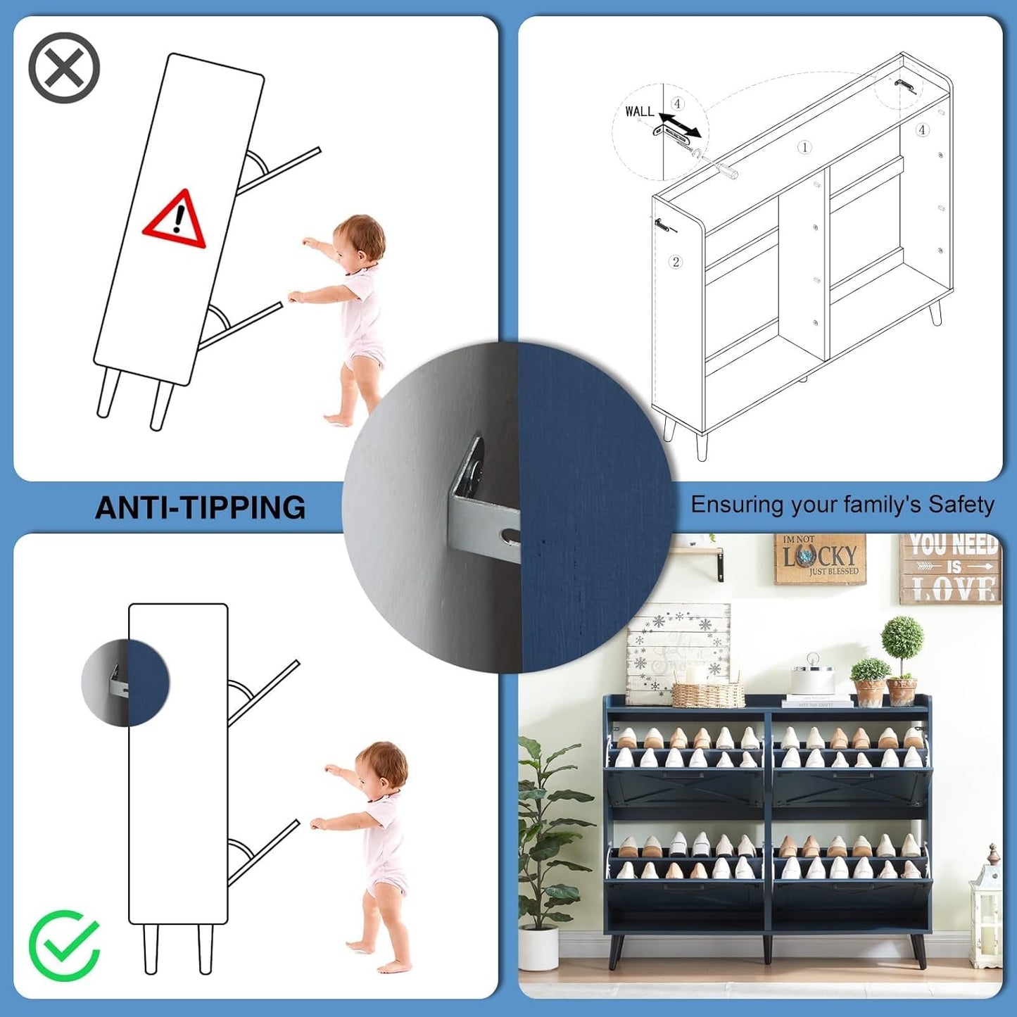 Shoe Storage Cabinet,Farmhouse Shoe Organizer with 4 Flip Drawers & Barn Door Design,Freestanding Hidden Slim Narrow Shoe Rack Cabinet for Entryway,Foyer,Hallway,Blue