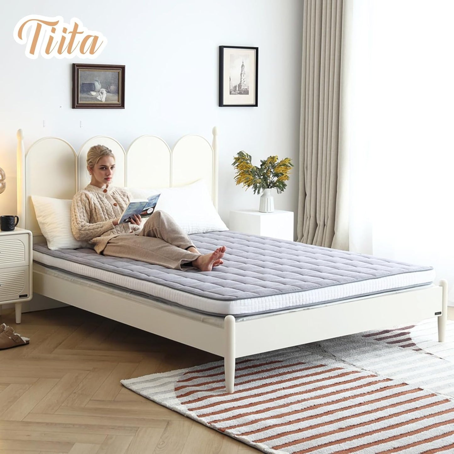 Tiita Futon Mattress 4” Thick Folding Roll Up Sleeping Pad with Bag & Strap, Bed Topper Mat for Guest, Lounger and Tavel, Gray,Queen Size
