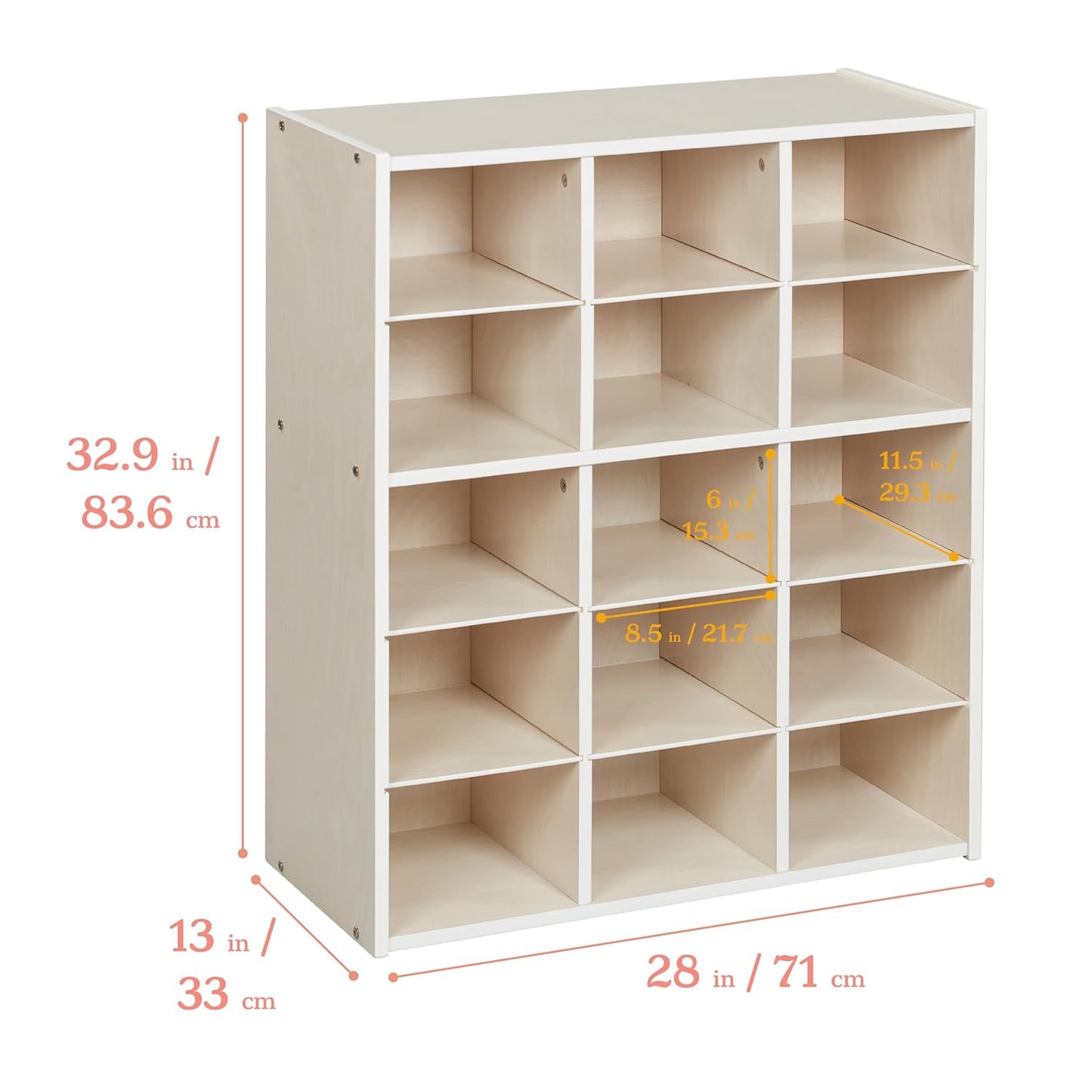 ECR4Kids Streamline 15 Cubby Tray Storage Cabinet, 5x3, Classroom Furniture, White Wash