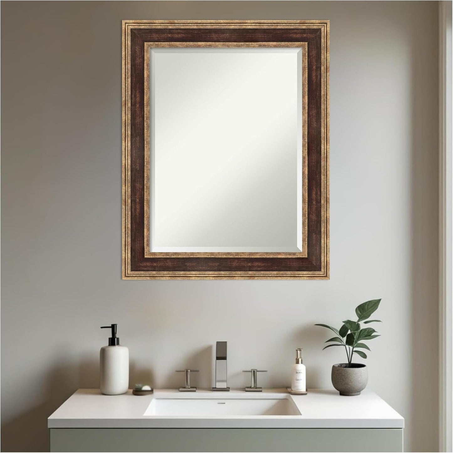 Amanti Art Bronze Bathroom Mirror for Over Sink, 30x24 Ridge Light Bronze Rectangle Vanity Mirror, Medium Traditional Frame, Hangs Horizonally and Vertically, Bathroom Wall Decor, Beveled Edge