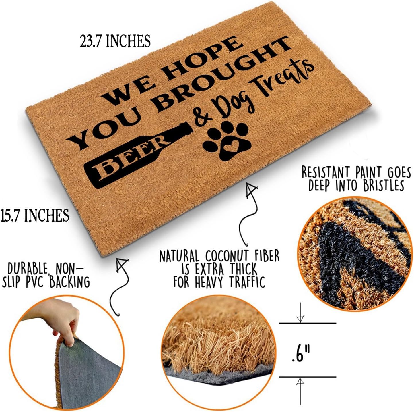 Funny Coir Doormat We Hope You Brought Beer & Dog Treats Front Door Mat Entryway Outdoor Mat with Heavy Duty Front Porch Decor Welcome Mats for Entrance Natural Coconut Thick Brown Mat 23.7x15.7 inch