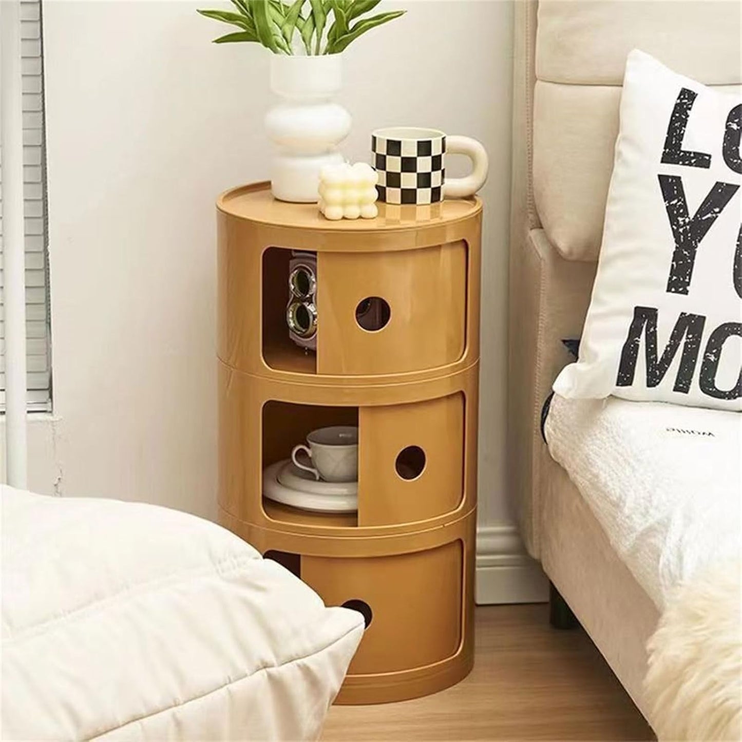 3 Tier Round Nightstand with Drawer, Ginger Yellow Round Side Table Small Plastic Storage End Table Suitable for Bedroom, Living Room, Bathroom (Ginger Yellow)