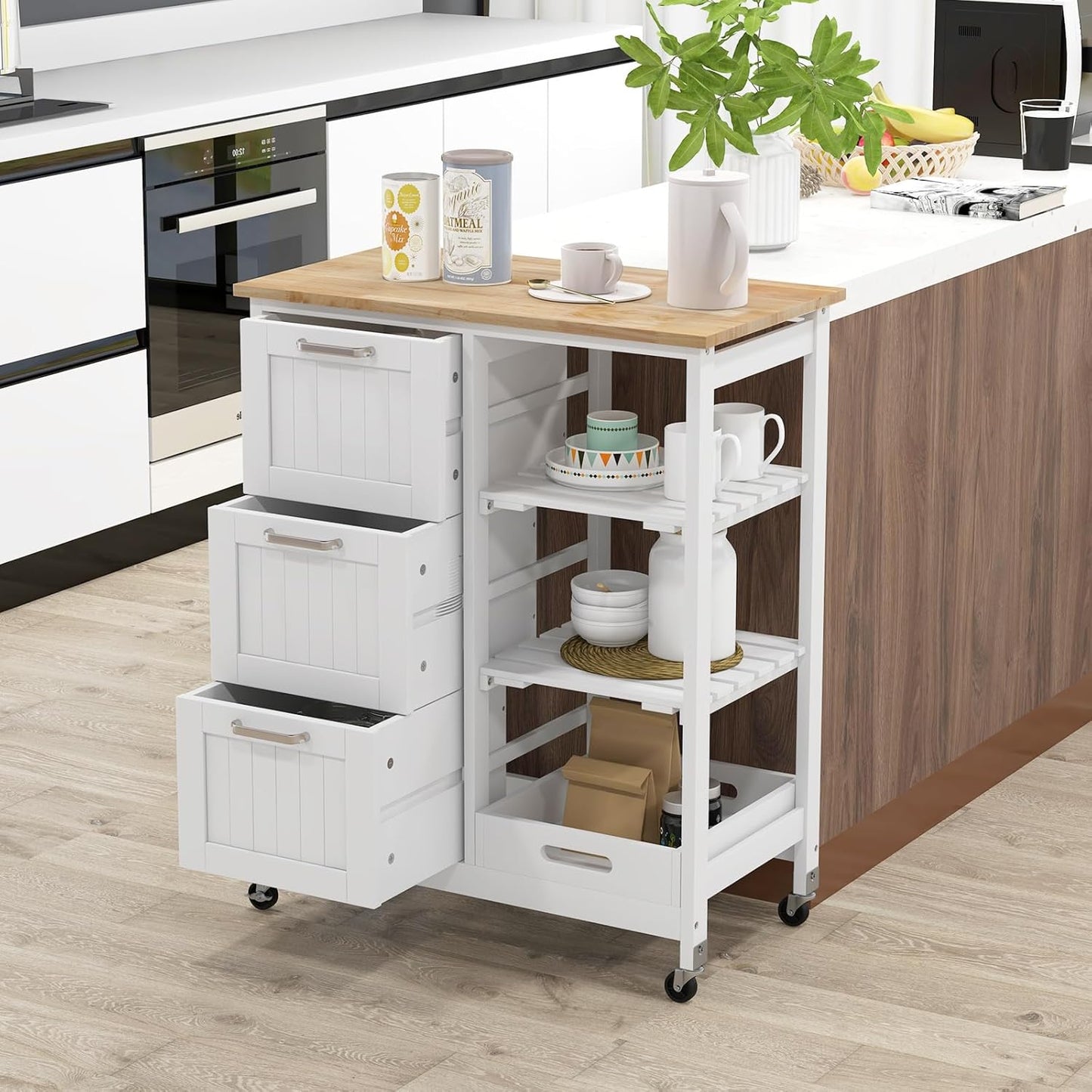 COSTWAY Kitchen Storage Island Cart on Wheels, Kitchen Rolling Trolley Cart with 3 Drawers and Shelves, 360° Wheels & Detachable Tray, Kitchen Island for Dining Room, Living Room & Bedroom