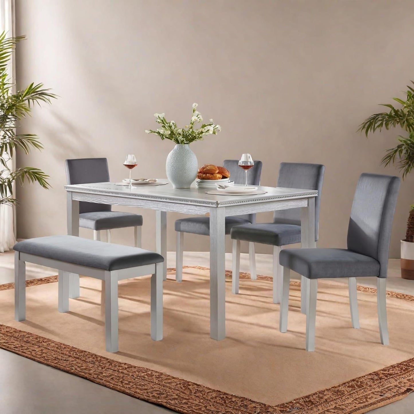 Dining Table Set for 5, 6 Piece Dining Room Table Set with Rectangular Crystal Decoration Table, 4 Upholstered Backrest Chairs and Bench, Counter Height Kitchen Sets with MDF Tabletop, Grey