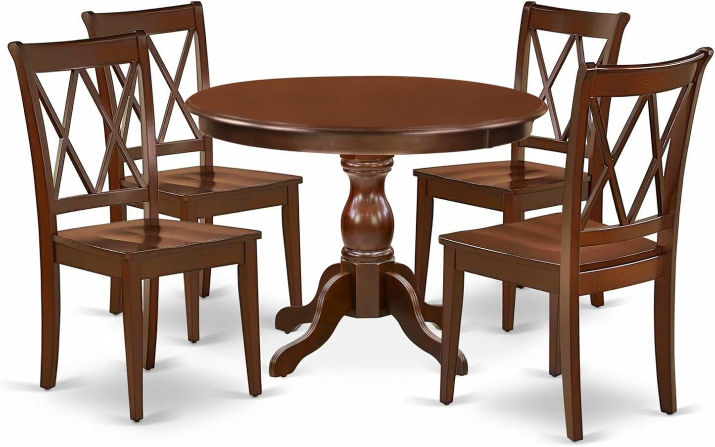 East West Furniture HBCL5-MAH-W 5 Piece Dining Room Furniture Set Includes a Round Kitchen Table with Pedestal and 4 Dining Chairs, 42x42 Inch, Mahogany