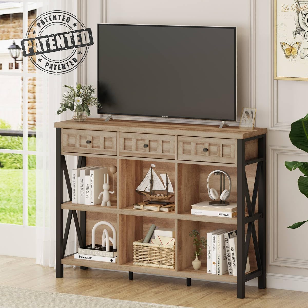 FATORRI Rustic 6 Cube Storage Organizer Shelf with 3 Drawers, Long Horizontal Bookshelf, Industrial Wood and Metal Cubby Bookcase for Living Room (Rustic Oak, 47 Inch)