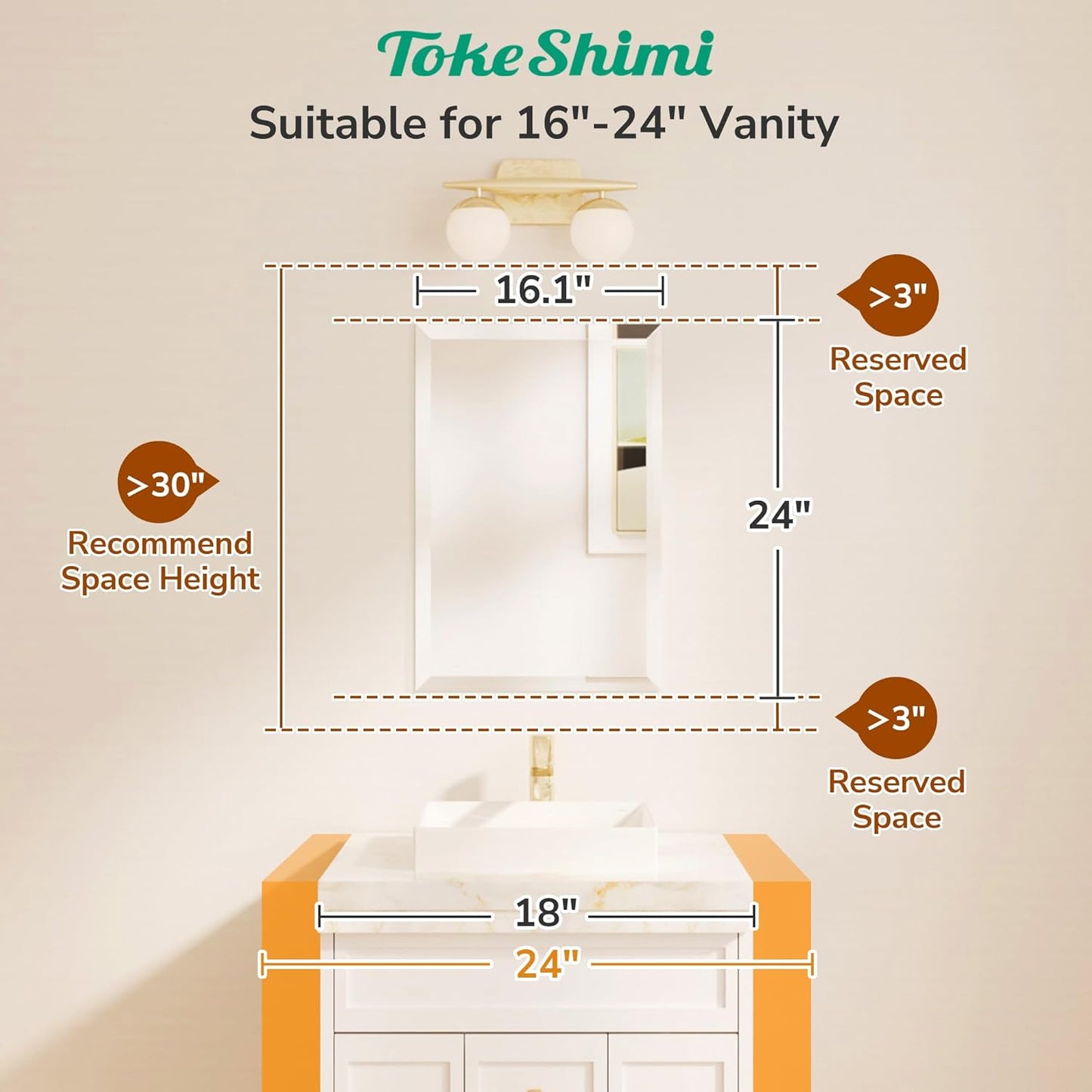 TokeShimi 16x24 Beveled Mirror Bathroom Rectangle, Bathroom Vanity Mirror Frameless with 1" Beveled Edge, Shatterproof Modern Decorative Wall Mirrored for Living Room, Entryway, Restroom