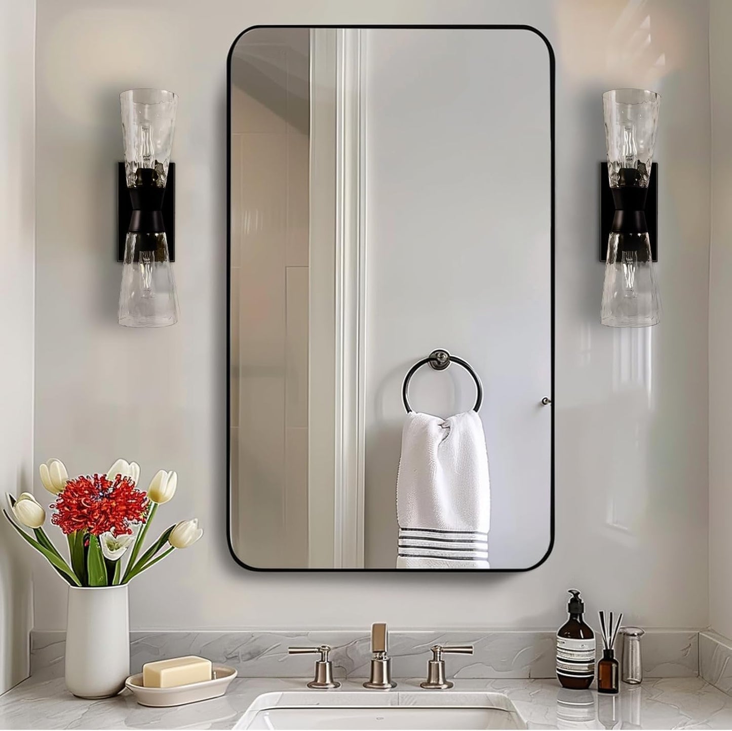 ANDY STAR Black Bathroom Mirror, 24”x40” Rounded Corner Rectangle Mirror, Modern Metal Frame Bathroom Vanity Mirror(Matte Black Finish)
