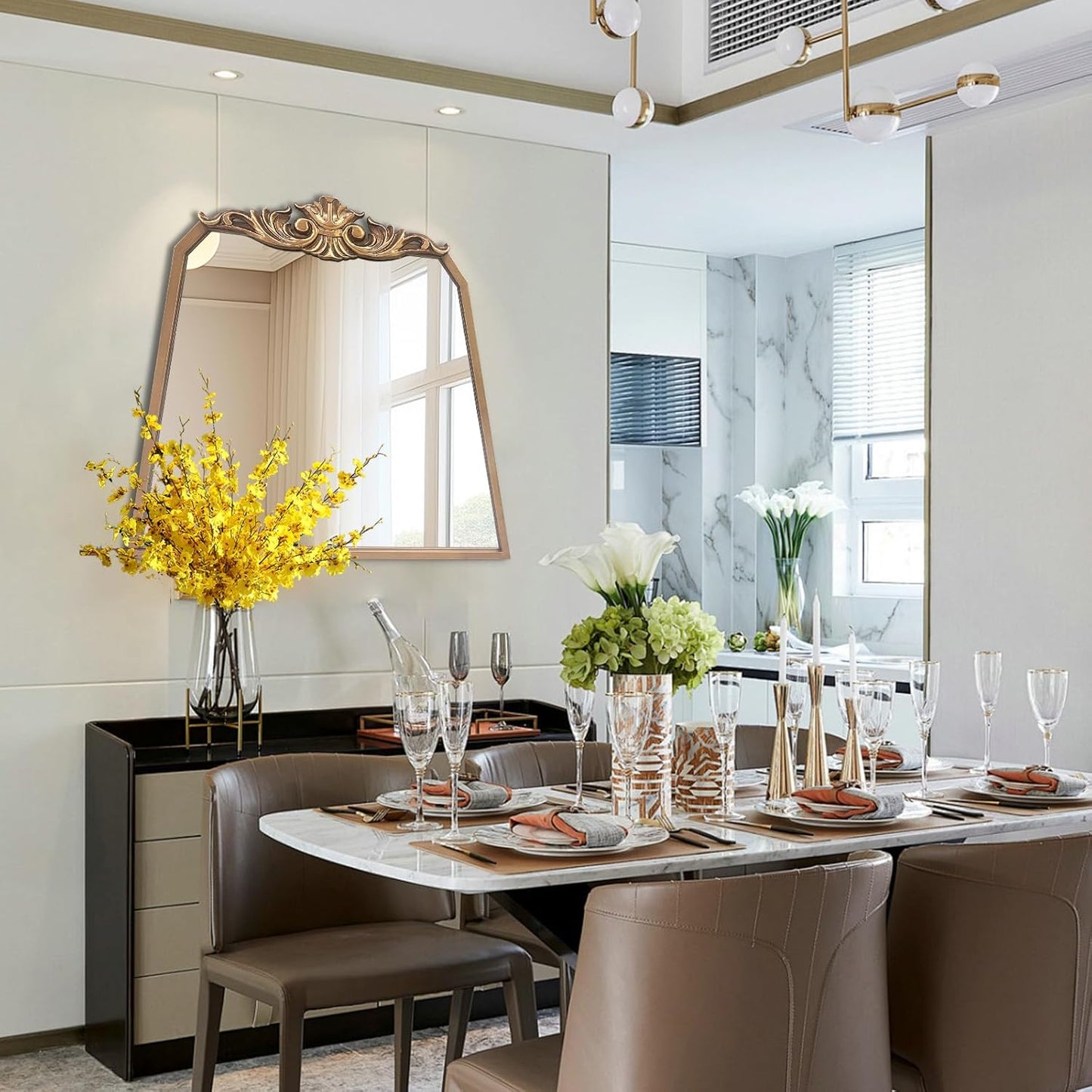 POZINO Gold Arch Mirror, 30"x35" Antique Mirror with Ornate Crown Molding, Vintage Decorative Mirrors for Bathroom Bedroom Entryway Fireplace Living Room