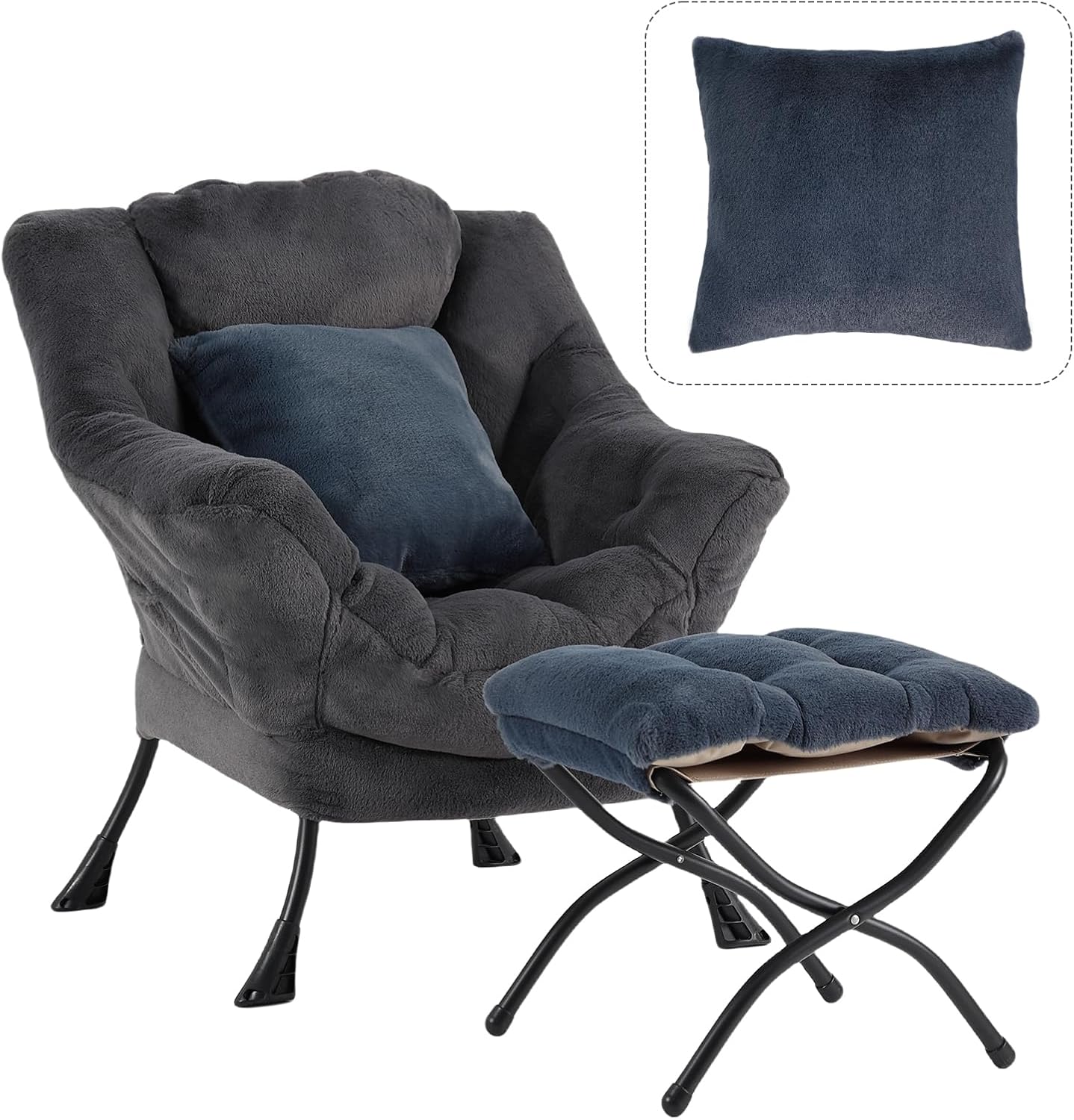 Lazy Chair with Ottoman, Reading Chair with a Pillow, Leisure Sofa Armchair with Ottoman, Large Accent Lounge Chair for Bedroom, Living Room, Dorm Room, Plush Blue-Gray